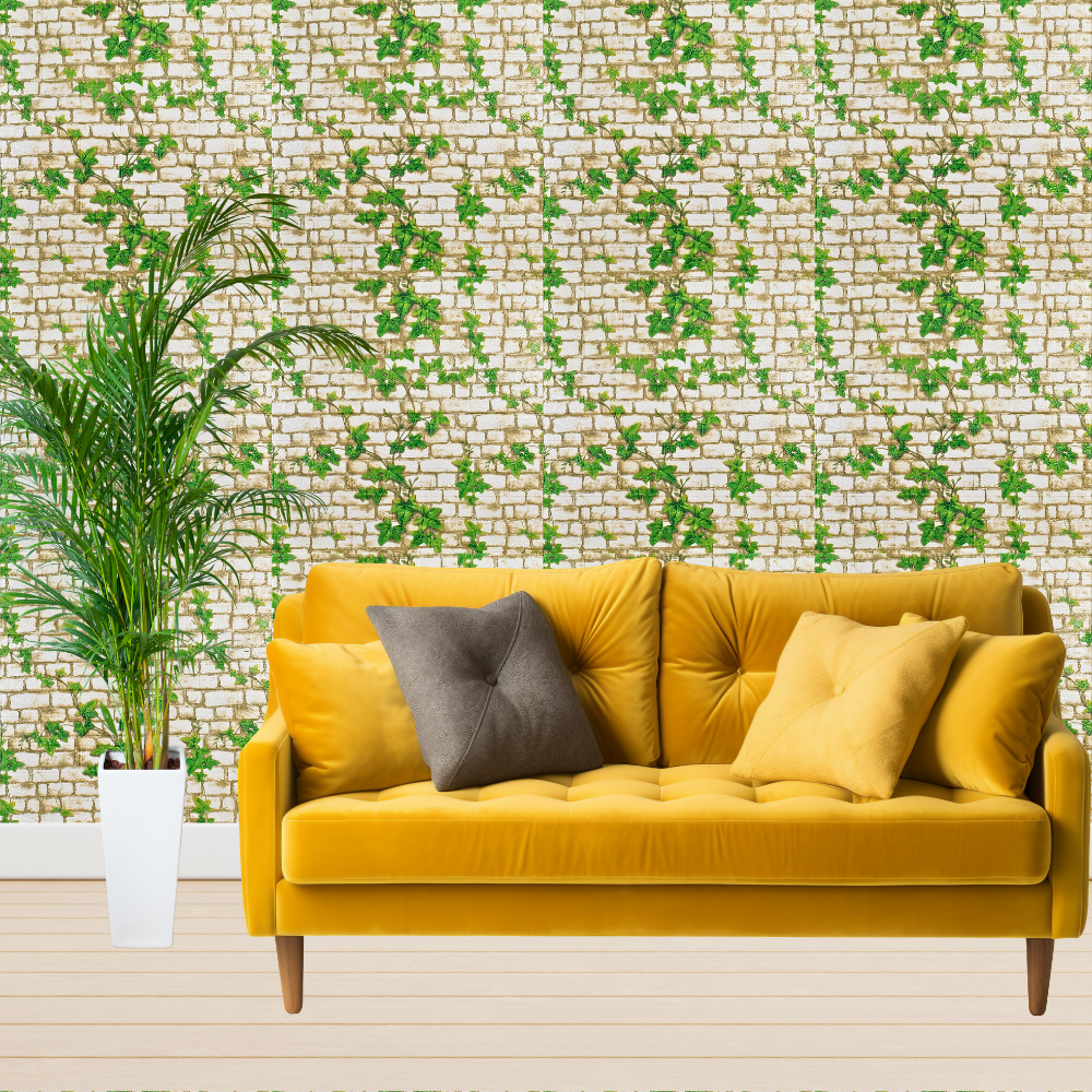 10 x Self-Adhesive 3D Wallpaper - 70 X 77 Cm "Cream brick & green leaves" 3mm ( CODE: 104)