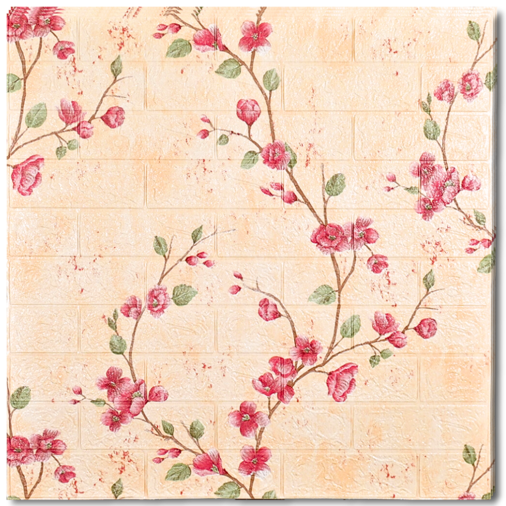 10 x Self-Adhesive 3D Wallpaper - 70 X 77 Cm "White Brick - Branch - Burgundy Flowers" 3mm ( CODE: 109)