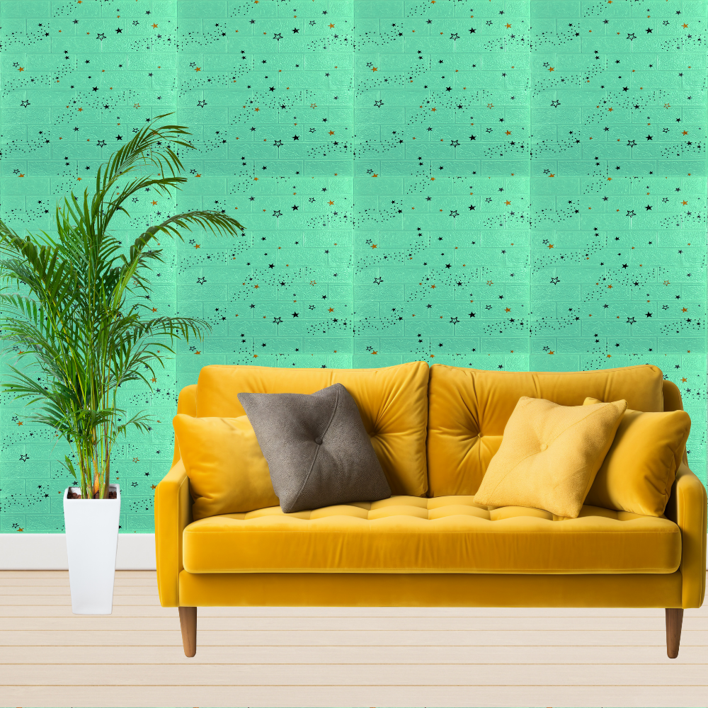 10 x Self-Adhesive 3D Wallpaper - 70 X 77 Cm "Green Stars" 3mm ( CODE: 55 )